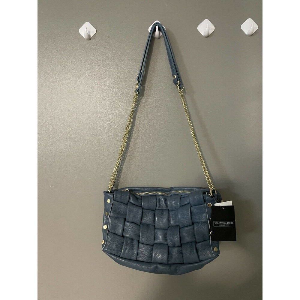 Valentina Fiore Woven LEATHER BLUE Handbag Gold Chain Leather Strap ITALY NWT